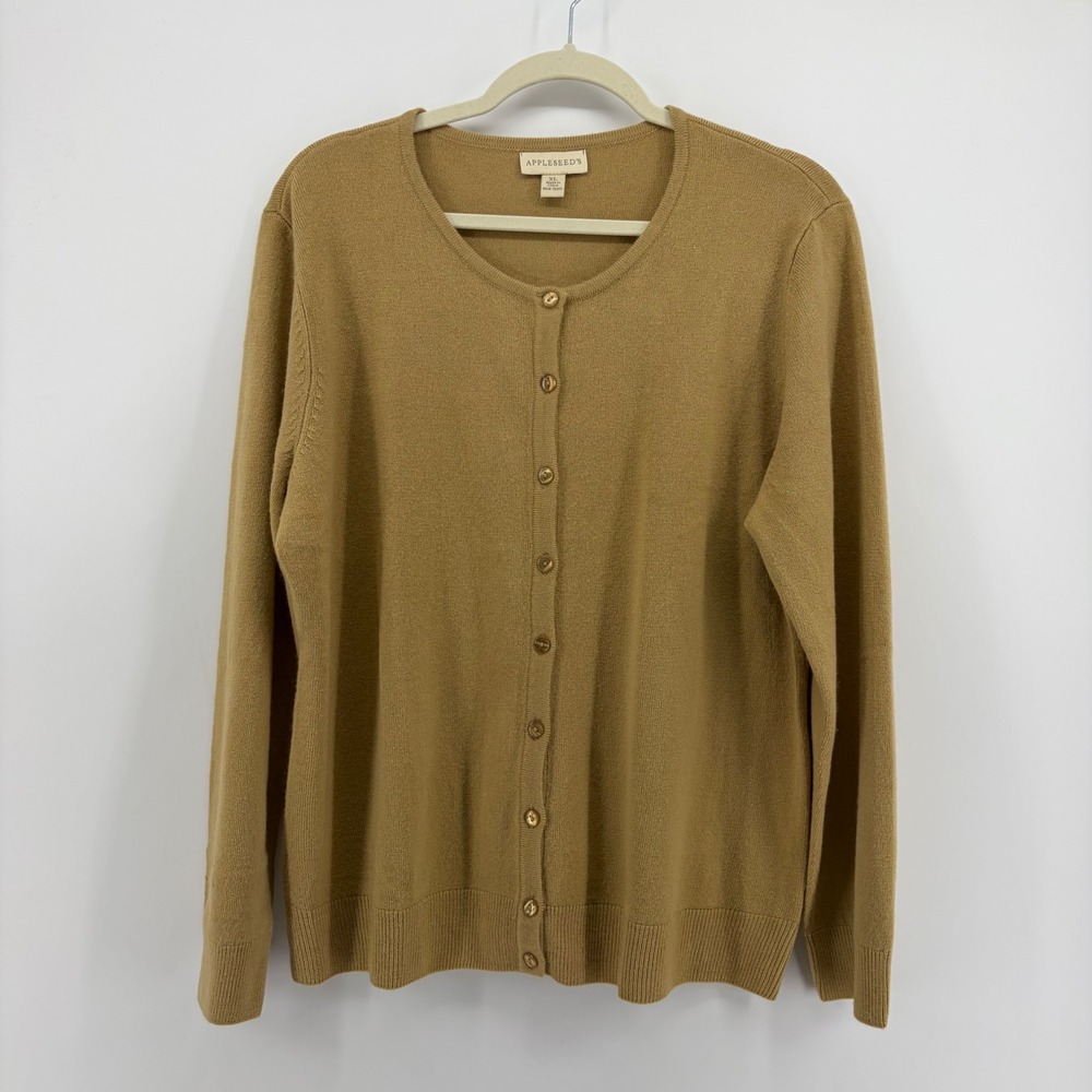 Appleseed's Womens XL Tan Cardigan Button Front Crew Neck Long Sleeve Sweater
